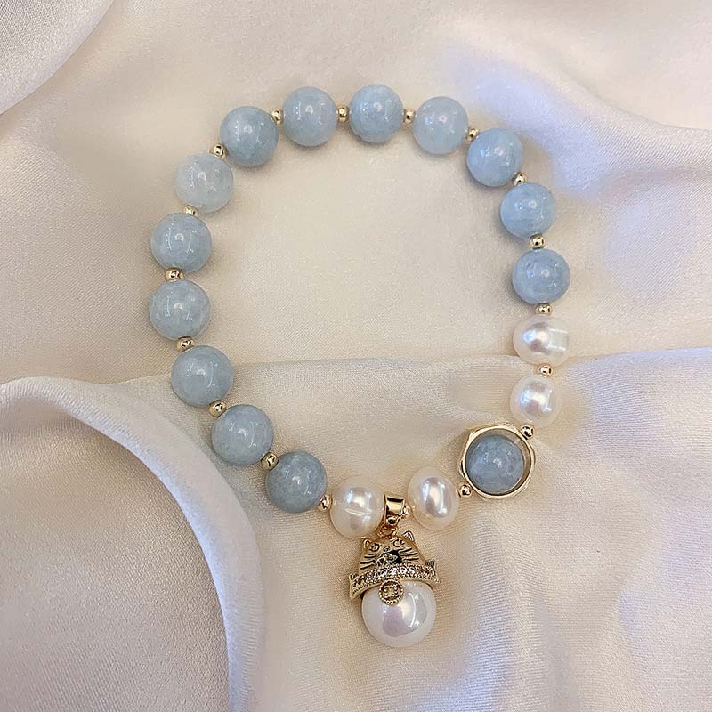 Nimara Ritual Aquamarine Pearl Peace Healing Lucky Cat Charm Bracelet