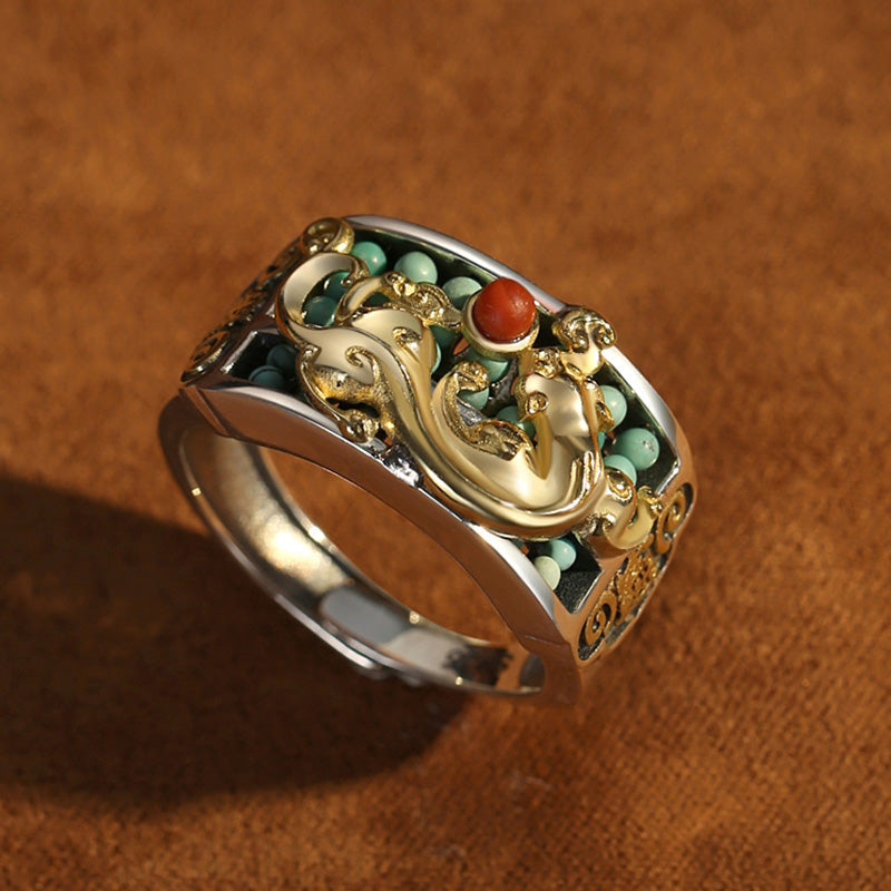 Nimara Ritual 925 Sterling Silver Turquoise Red Agate PiXiu Abacus Protection Ring