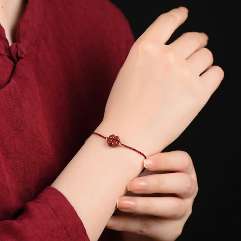 Nimara Ritual Natural Cinnabar Four Leaf Clover Blessing Red String Bracelet Anklet