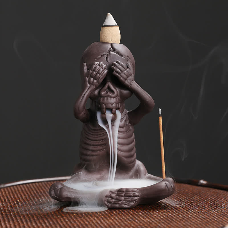 Nimara Ritual Little Skull Ghost Purple Clay Backflow Smoke Fountain Peace Incense Burner Decoration
