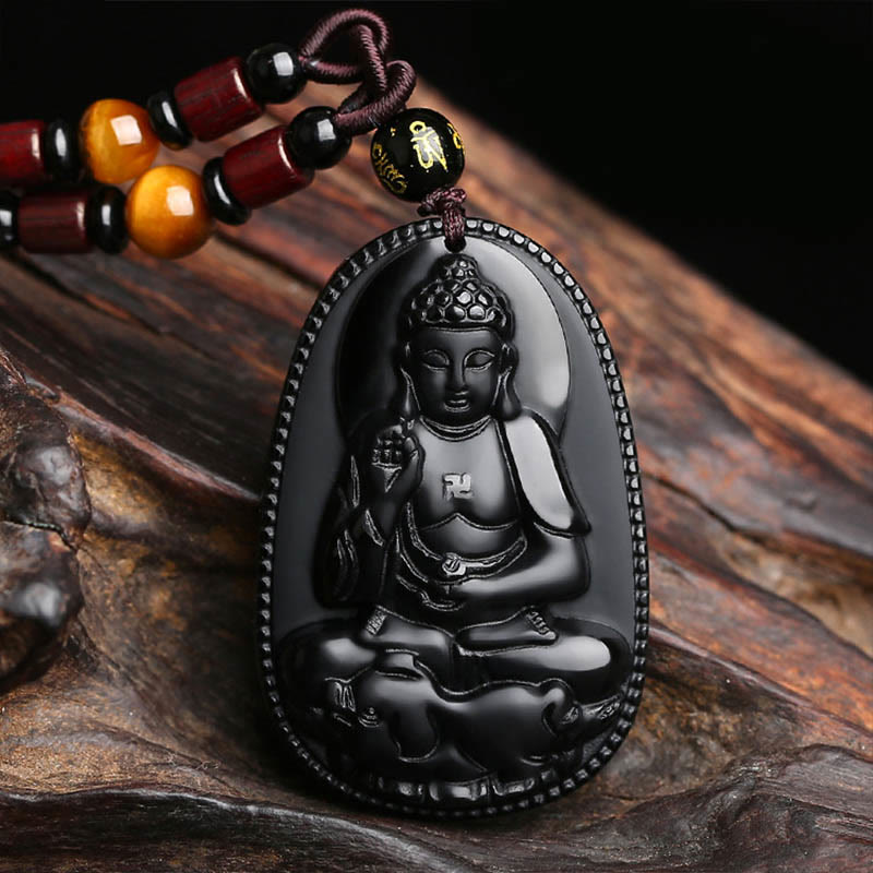 Nimara Ritual Chinese Zodiac Natal Buddha Natural Black Obsidian Purification Necklace Pendant