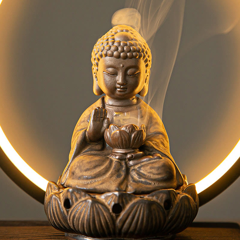 Nimara Ritual Buddha Lotus Backflow Smoke Fountain Ceramic Blessing Incense Burner With Light Decoration
