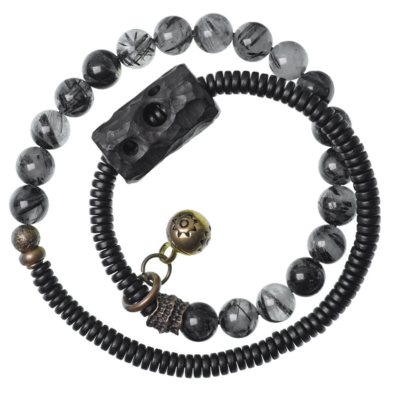 Nimara Ritual Black Rutilated Quartz Ebony Wood Copper Wisdom Couple Bracelet