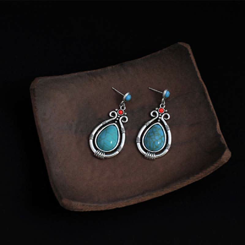 Nimara Ritual Tibet Vintage Turquoise Waterdrop Strength Drop Dangle Earrings Clips