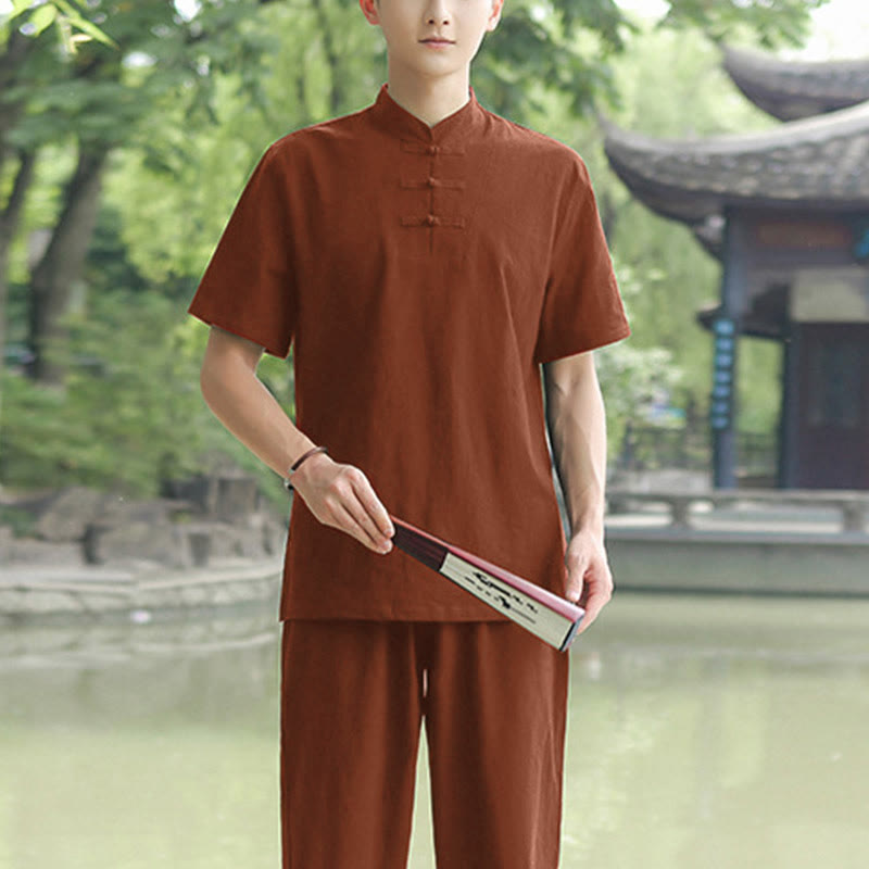Nimara Ritual 2Pcs Men's Short Sleeve Shirt Top T-Shirt Pants Meditation Zen Tai Chi Cotton Linen Clothing Set