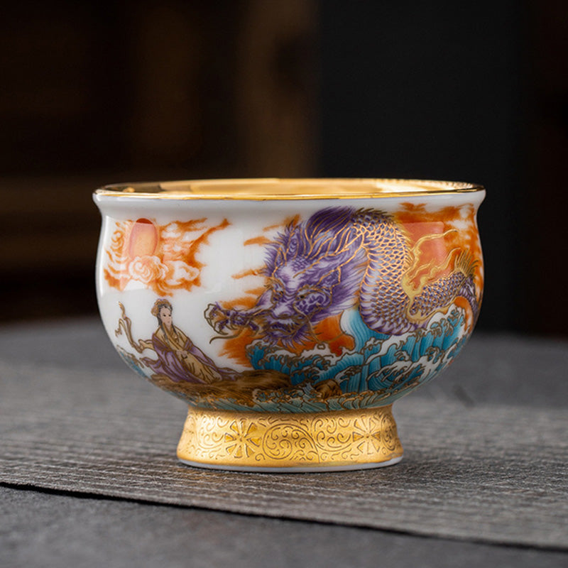 Nimara Ritual Golden Eagle Auspicious Dragon Sun Ocean Waves Gilt Ceramic Teacup Kung Fu Tea Cup