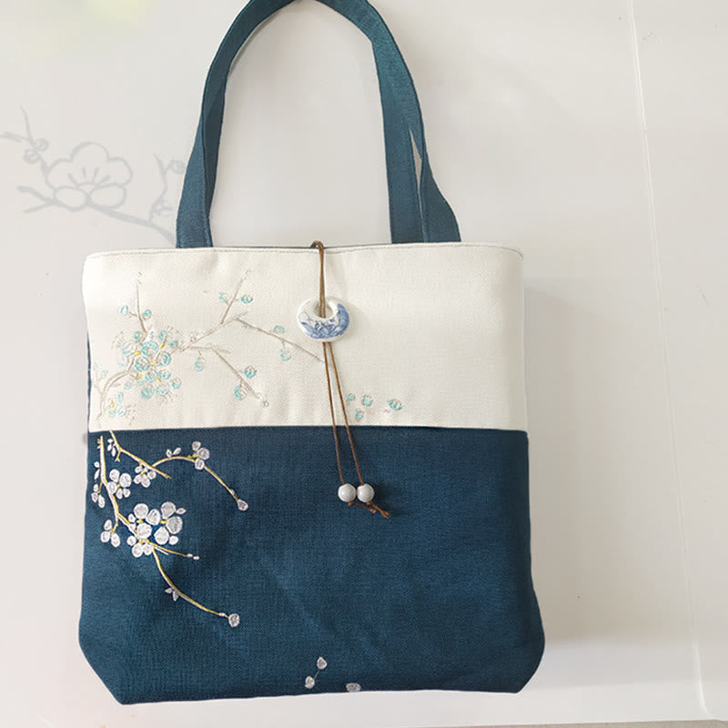 Nimara Ritual Pear Flower Plum Peach Blossom Bamboo Embroidery Canvas Large Capacity Shoulder Bag Tote Bag