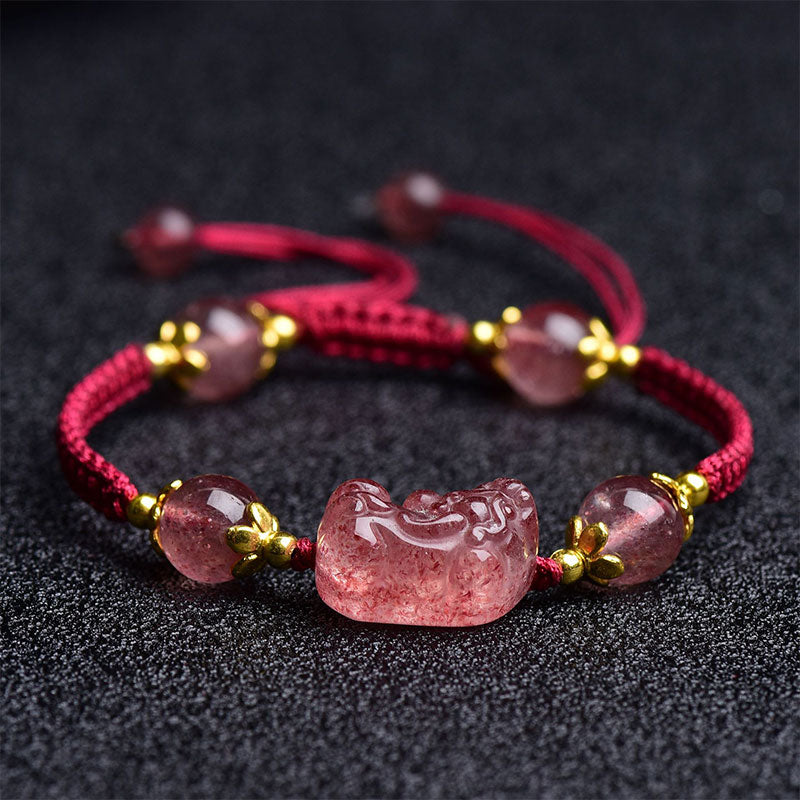 Nimara Ritual Natural Strawberry Crystal Pixiu Charm Lucky Red String Bracelet