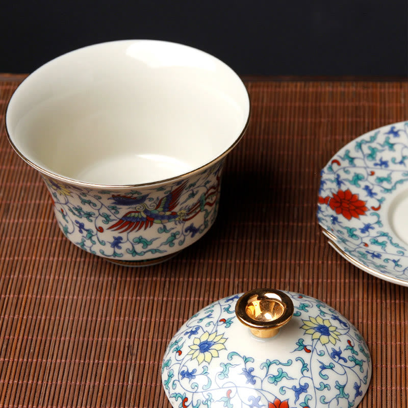 Nimara Ritual Retro Plum Blossom Pine Bamboo Phoenix Kirin Ceramic Gaiwan Sancai Teacup Kung Fu Tea Cup and Saucer with Lid
