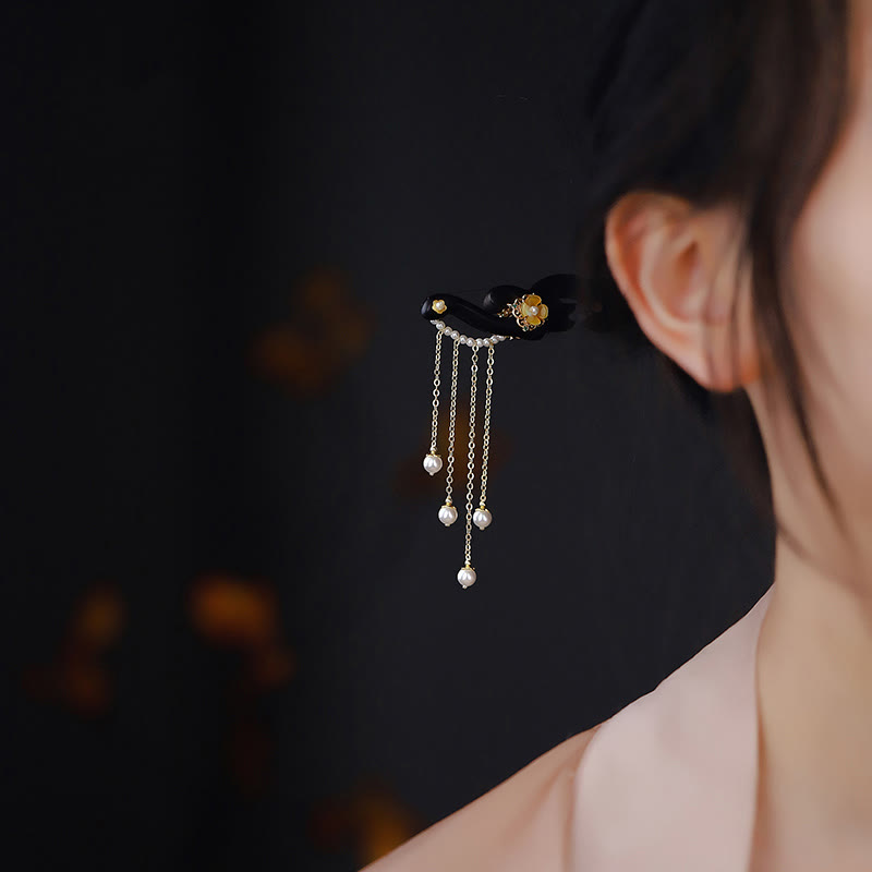 Nimara Ritual Ebony Wood Yellow Flower Pearl Tassels Hairpin