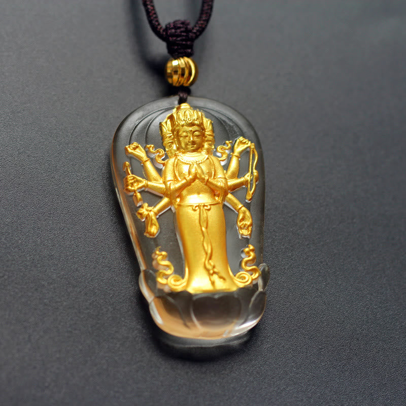 Nimara Ritual Tibetan Eight-armed Avalokitesvara Guanyin Buddha Gold Plated Liuli Crystal Wealth Necklace Pendant