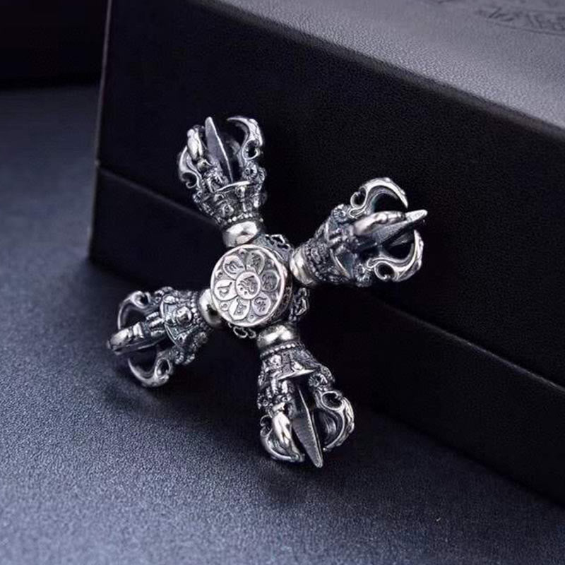 Nimara Ritual Tibetan 925 Sterling Silver Double Dorje Vajra Engraved Spiritual Power Pendant