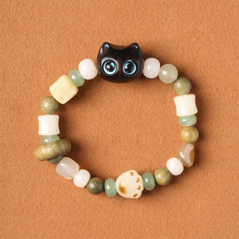 Nimara Ritual Bodhi Seed Green Sandalwood Ebony Wood Small Leaf Red Sandalwood Cat Head Paw Claw Peace Bracelet