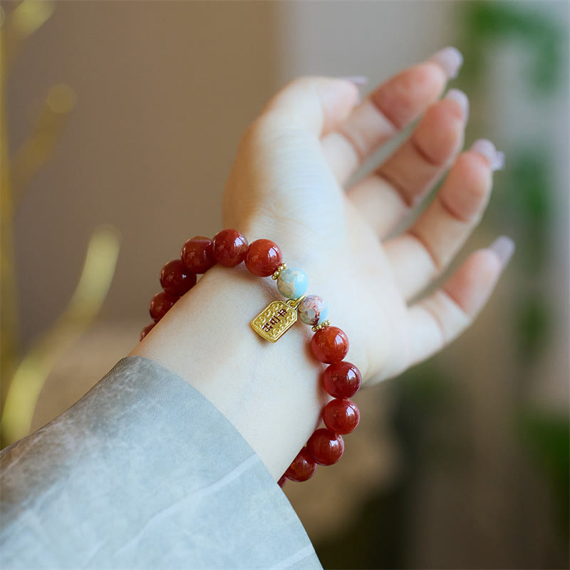 Nimara Ritual Natural Red Agate Peace Talisman Fu Character Dragon Tail Confidence Charm Bracelet