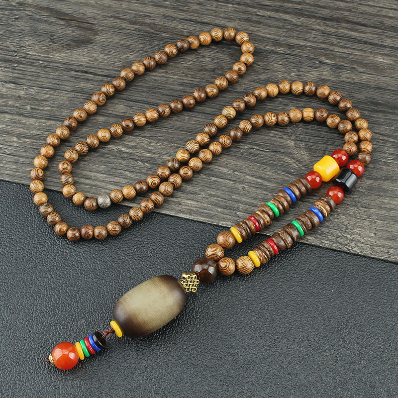 Nimara Ritual Tibetan Wenge Wood Bodhi Seed Agate Balance Peace Necklace Pendant