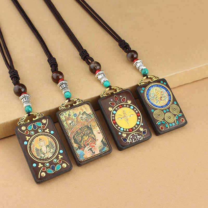 Nimara Ritual Tibet God of Wealth Thangka Ebony Peace Necklace Pendant