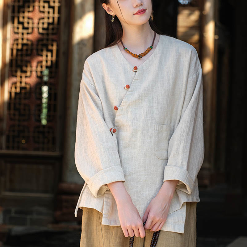 Nimara Ritual Solid Color Ramie Linen Loose Blouse Long Sleeve Shirt Chinese Hanfu Top
