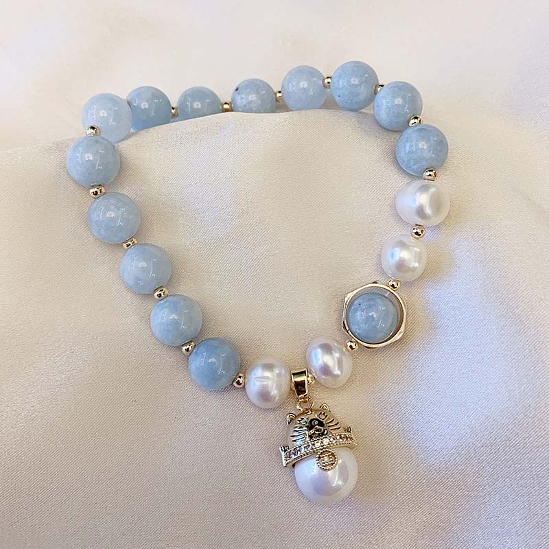 Nimara Ritual Aquamarine Pearl Peace Healing Lucky Cat Charm Bracelet