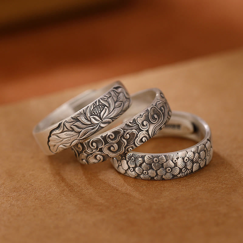 Nimara Ritual 999 Sterling Silver Lotus Flower Plum Blossom Auspicious Clouds Engraved Enlightenment Ring