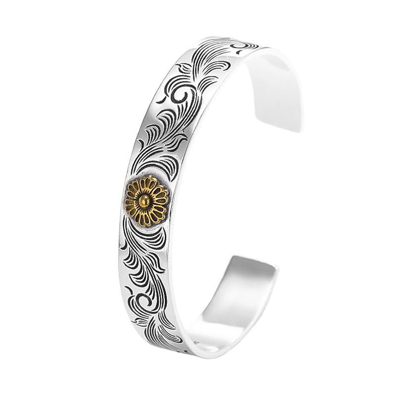 Nimara Ritual Tang Dynasty Flower Design Rose Flower Feather Carved Copper Luck Bracelet Bangle