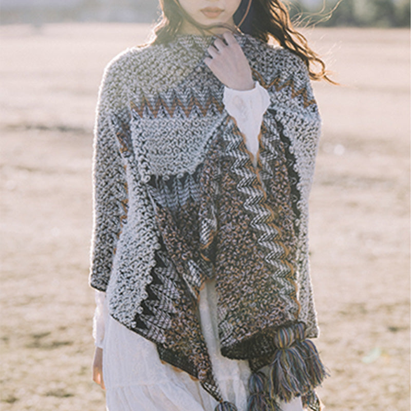 Nimara Ritual Tibetan Shawl Gray Brown Striped Knitted Tassels Winter Cozy Travel Scarf Wrap