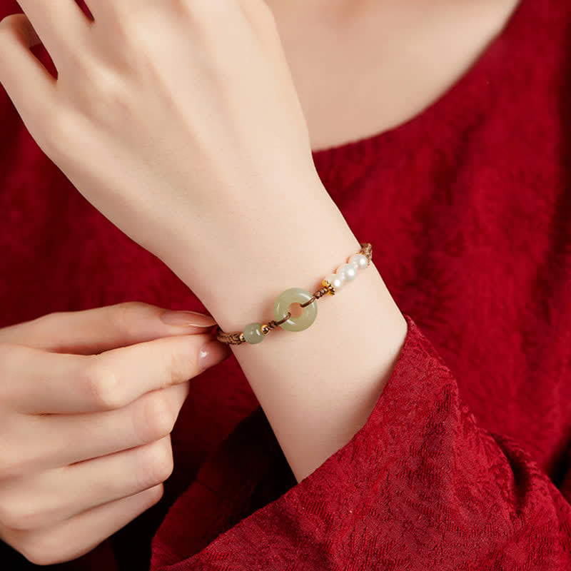 Nimara Ritual Natural Hetian Jade Pearl Peace Buckle Luck Bracelet