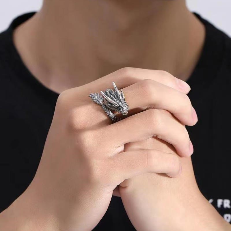 Nimara Ritual 925 Sterling Silver Vintage Dragon Design Protection Strength Adjustable Ring