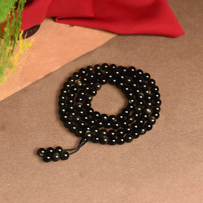 Nimara Ritual 108 Mala Beads Natural Gold Sheen Obsidian Wealth Bracelet