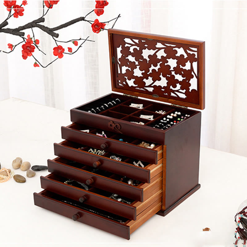 Nimara Ritual Vintage Plum Blossom Carved Wooden Jewelry Box Six-Layer Jewelry Storage Box
