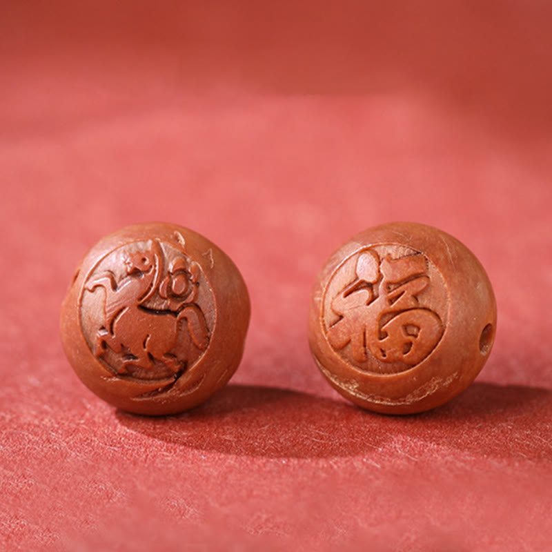Nimara Ritual Natural Peach Wood Chinese Zodiac Fu Character Carved Cinnabar Wealth Bracelet
