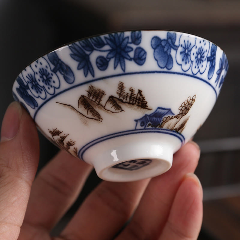 Nimara Ritual Flowers Fu Character Mountains Lotus Cherry Blossoms Ceramic Teacup Kung Fu Tea Cup