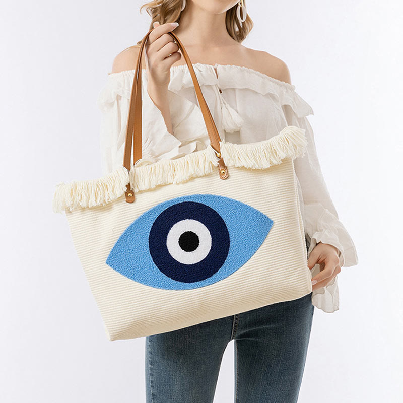 Nimara Ritual Large Capacity Evil Eye Leaf Hamsa Tassel Canvas Tote Shoulder Bag