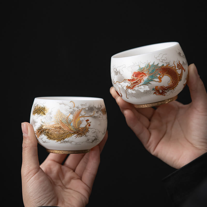 Nimara Ritual Phoenix Dragon Lotus Deer Ancient Building Koi Fish Ceramic Teacup Kung Fu Tea Cups