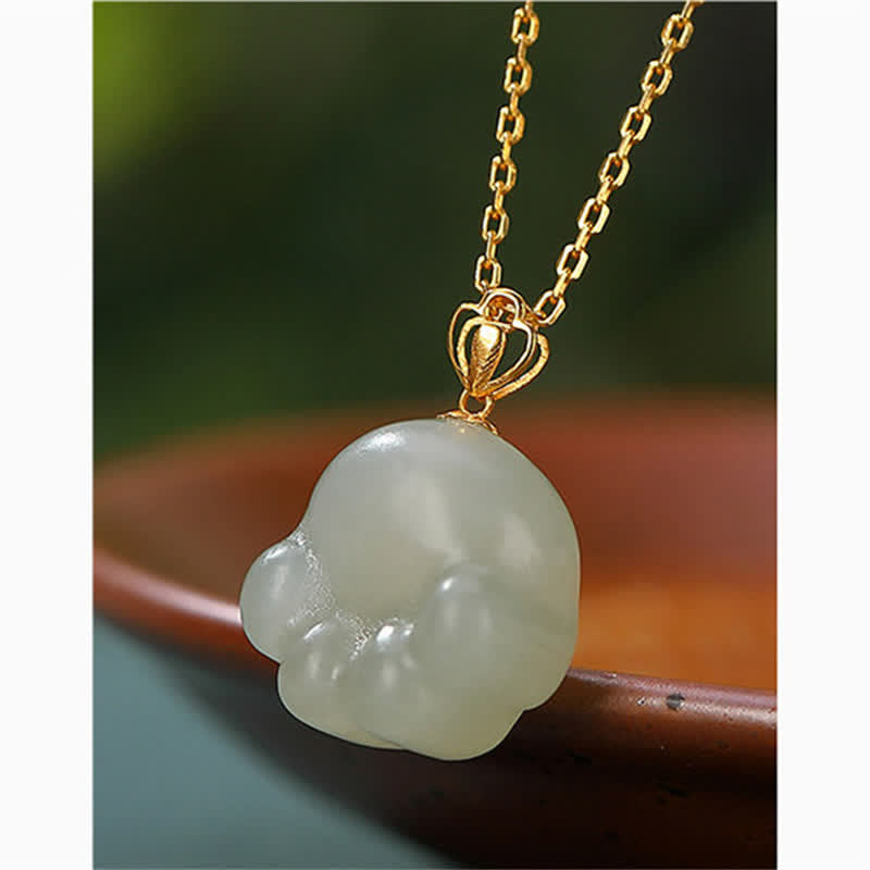 Nimara Ritual 925 Sterling Silver Hetian White Jade Cute Cat Paw Luck Necklace Pendant