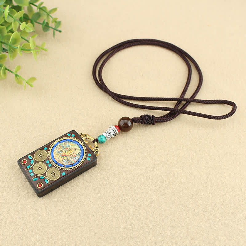 Nimara Ritual Tibet God of Wealth Thangka Ebony Peace Necklace Pendant
