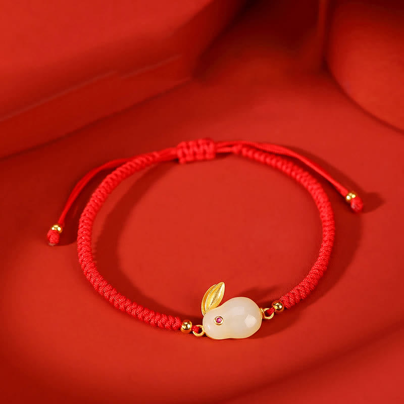Nimara Ritual 925 Sterling Silver Year of the Rabbit Hetian White Jade Luck Red String Protection Bracelet