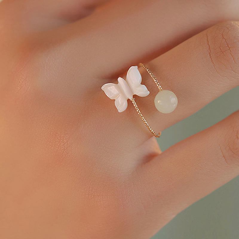 Nimara Ritual 14k Gold Plated Round Hetian Jade Tridacna Stone Peach Blossom Flower Butterfly Prosperity Adjustable Ring