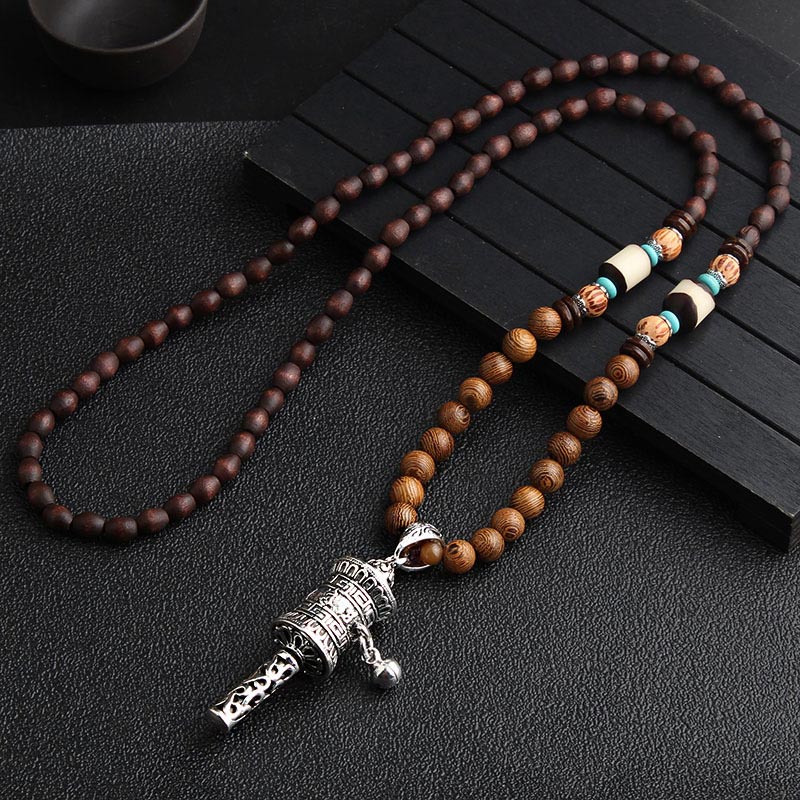 Nimara Ritual Turquoise Dzi Bead Prayer Wheel Wenge Wood Meditation Necklace