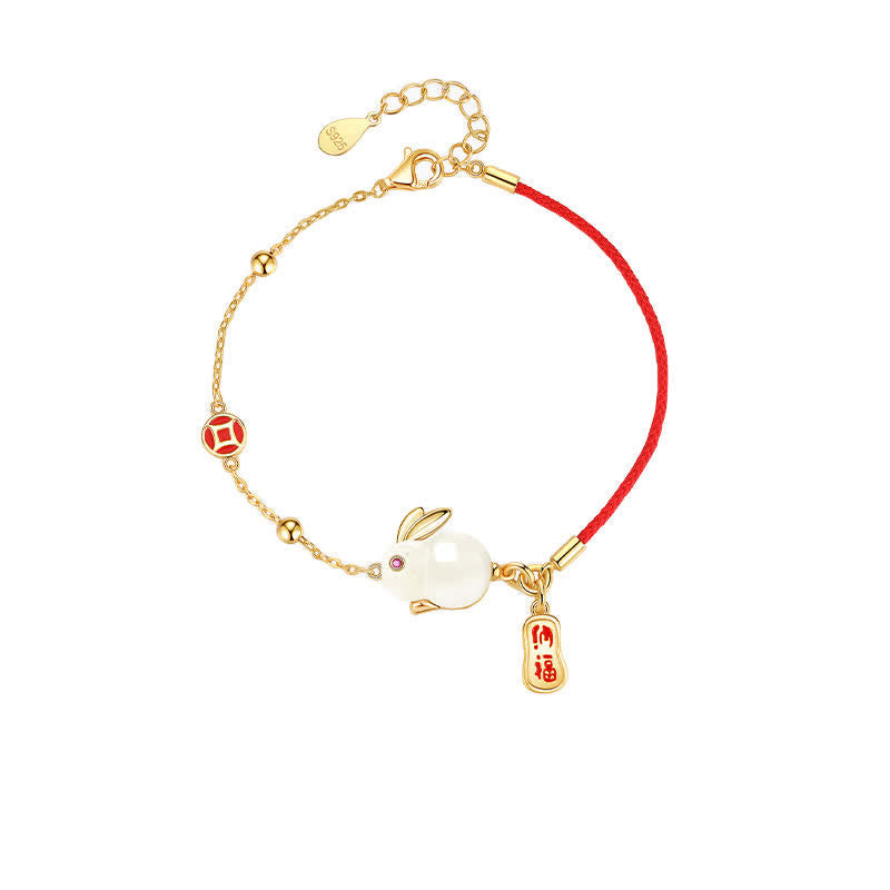 Nimara Ritual Year of the Rabbit White Jade Happiness Red String Chain Bracelet
