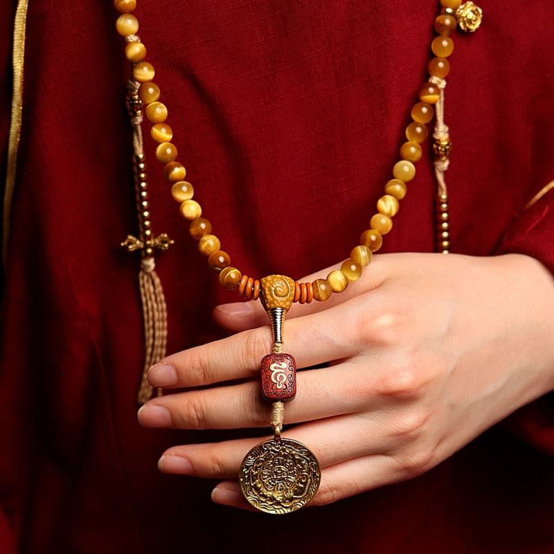 Nimara Ritual 108 Mala Beads Natural Tiger Eye Copper Dorje Protection Tassel Bracelet