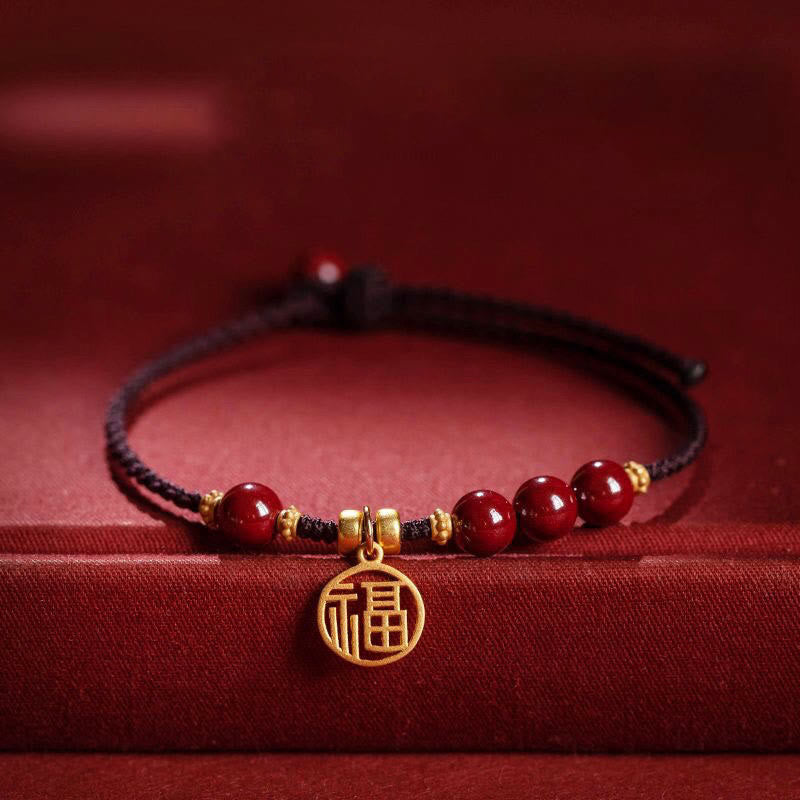 Nimara Ritual Cinnabar Bead Fu Character Charm Blessing Braided String Bracelet