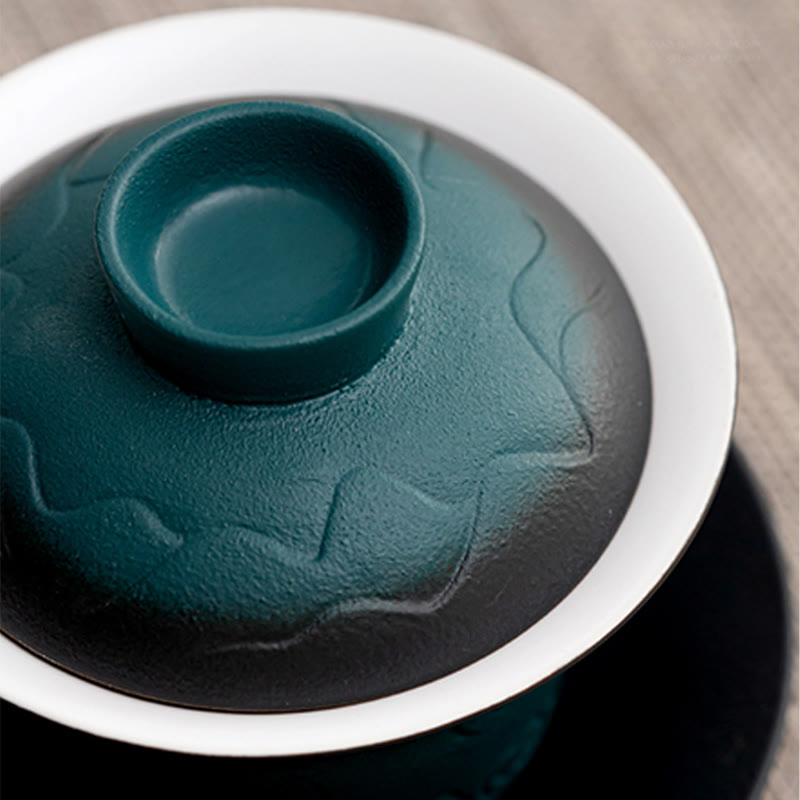 Nimara Ritual Retro Blue Ocean Sea Waves Gradient Ceramic Gaiwan Sancai Teacup Kung Fu Tea Cup And Saucer With Lid