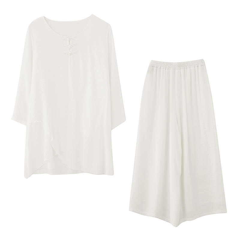 Nimara Ritual 2Pcs Frog-Button Long Sleeve Shirt Wide Leg Pants Meditation Cotton Linen Clothing