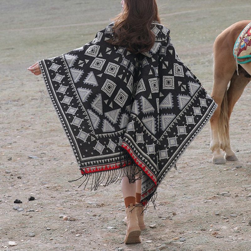 Nimara Ritual Tibetan Shawl Triangle Pattern Hooded Cloak Winter Cozy Travel Scarf Wrap