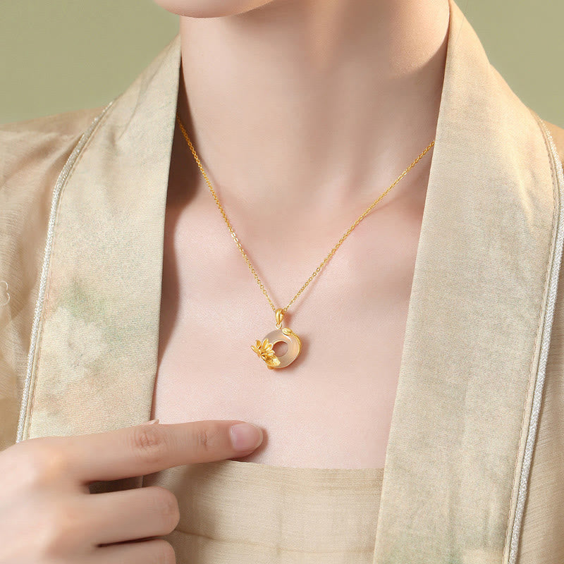 Nimara Ritual Natural White Chalcedony Peace Buckle Lotus Pendant S925 Sterling Silver Necklace