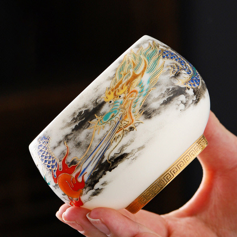 Nimara Ritual Dragon Playing With Pearl Design White Porcelain Ceramic Teacup Kung Fu Tea Cup 160ml