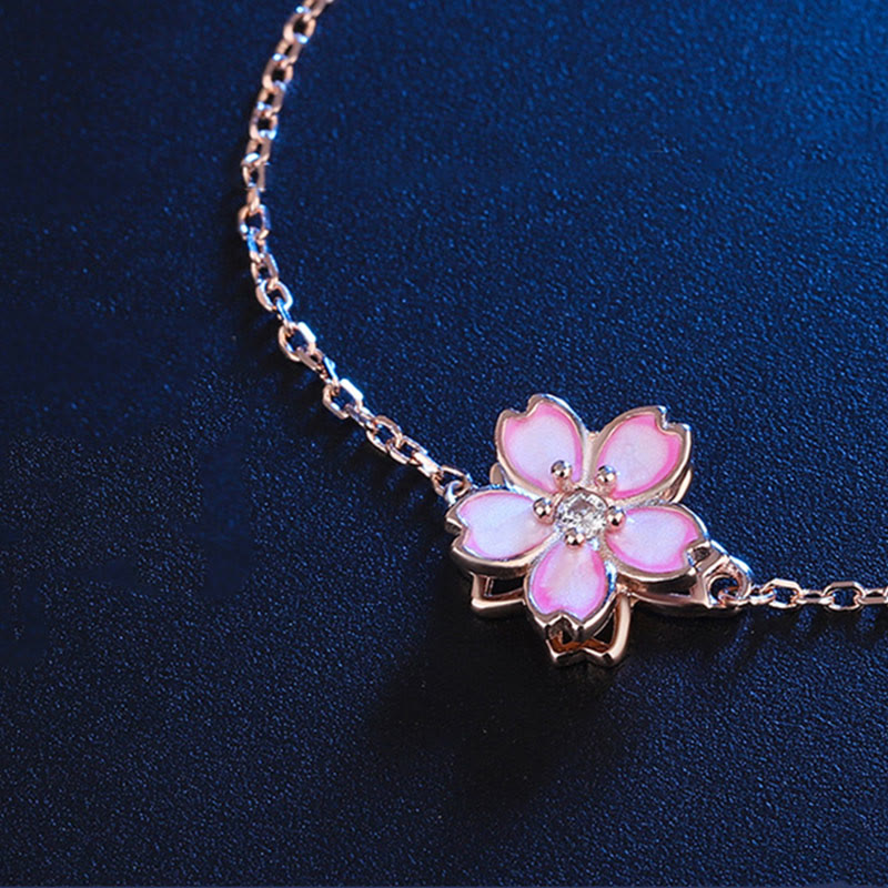 Nimara Ritual 925 Sterling Silver Cherry Blossom Blessing Chain Bracelet Rotatable Ring
