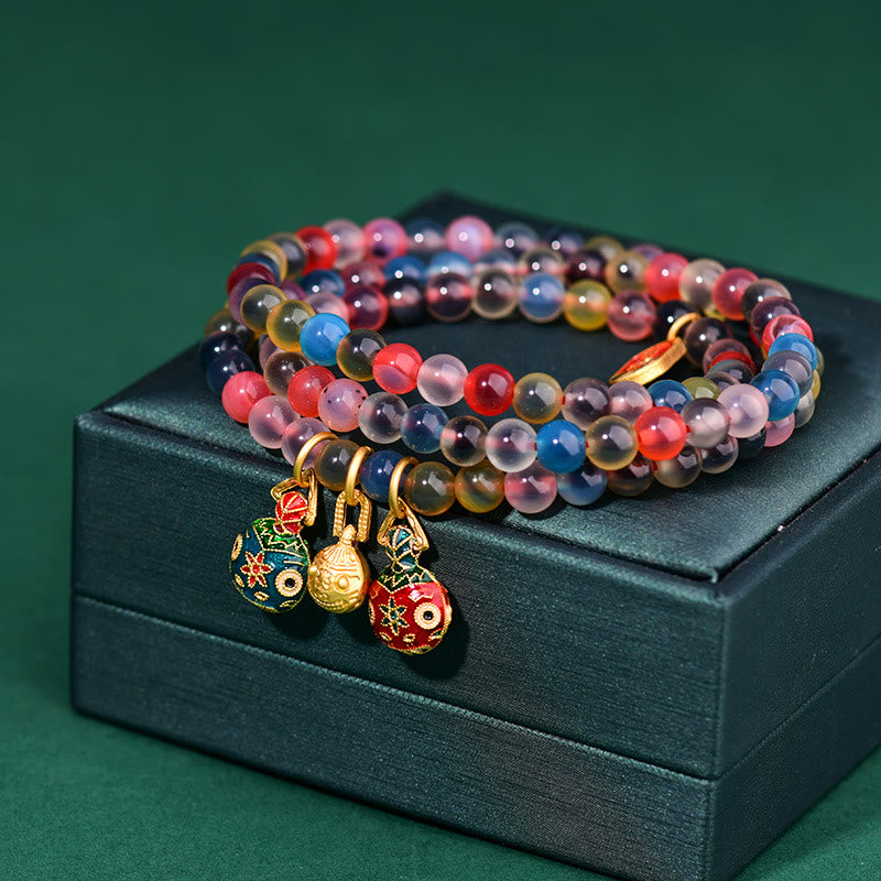 Nimara Ritual Colorful Candy Agate Gold Swallowing Beast Family Strength Charm Triple Wrap Bracelet