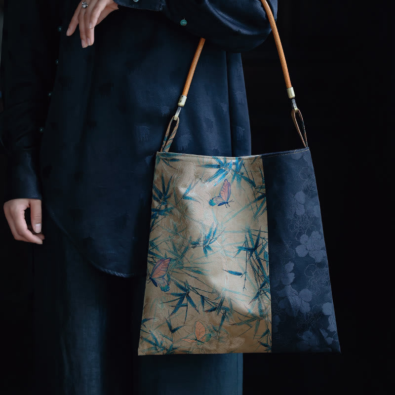 Nimara Ritual Bamboo Leaves Flower Butterfly Persimmon Shoulder Bag Handbag