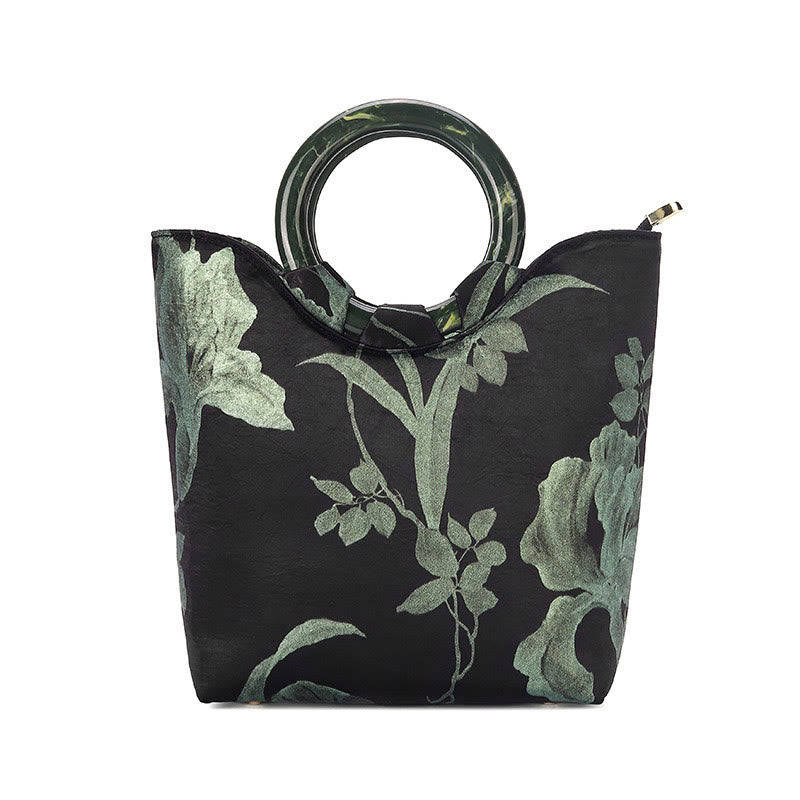 Nimara Ritual Black Green Orchids Print Vintage Handbag